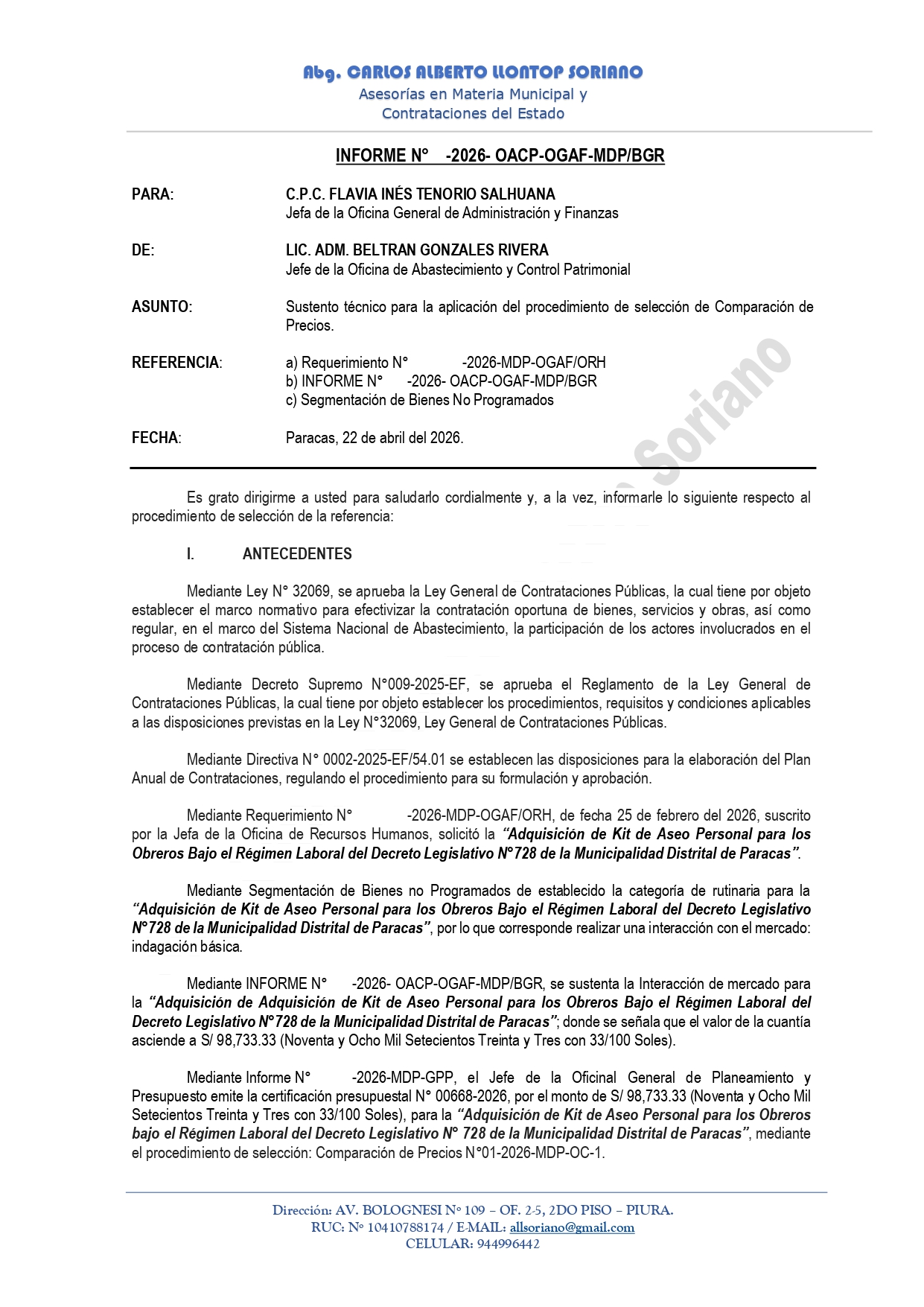 Sustento técnico para la aplicación del procedimiento de selección de Comparación de Precios.